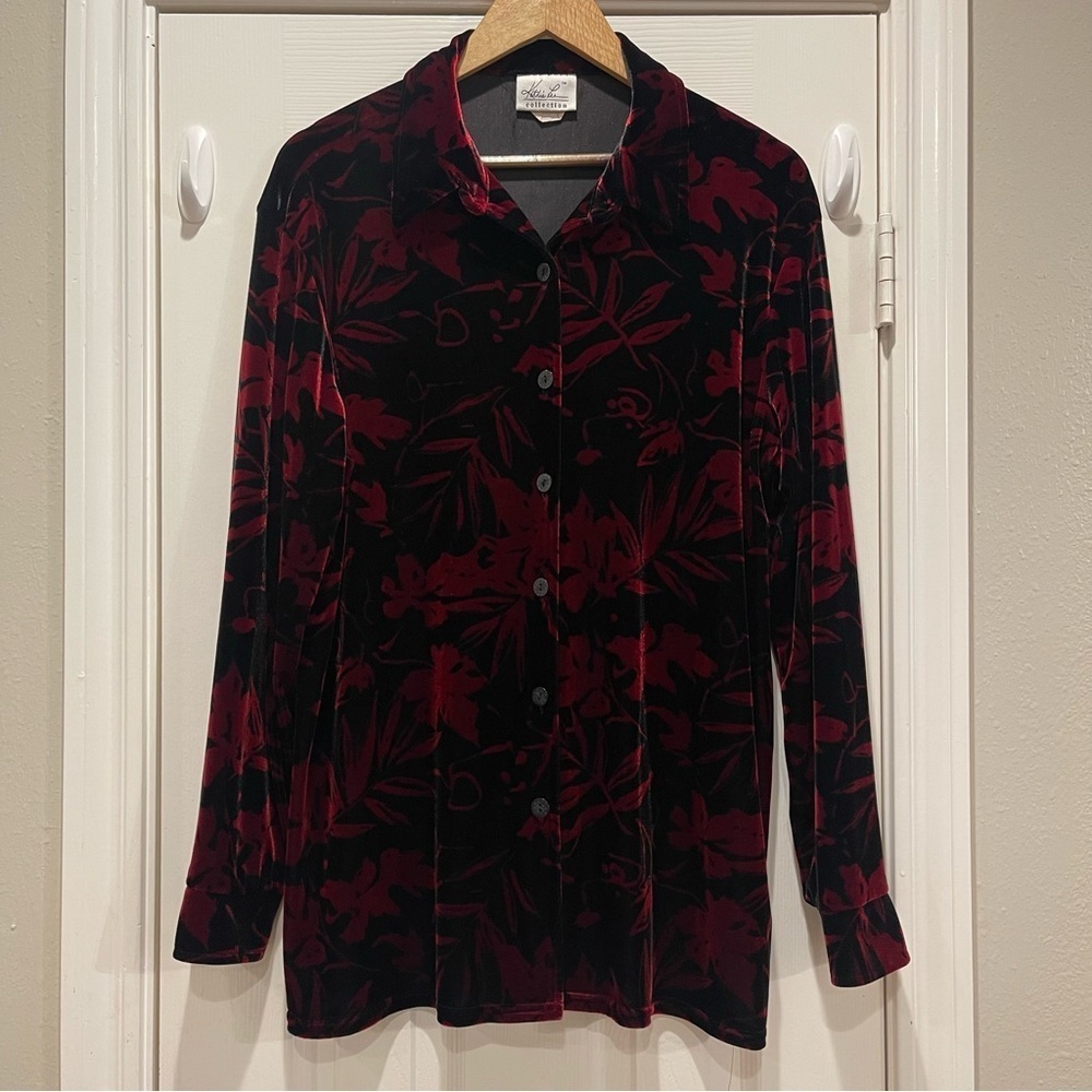Vtg 90s Kathie Lee Velvet Button Up Women’s Large Black Red Floral Whimsigoth